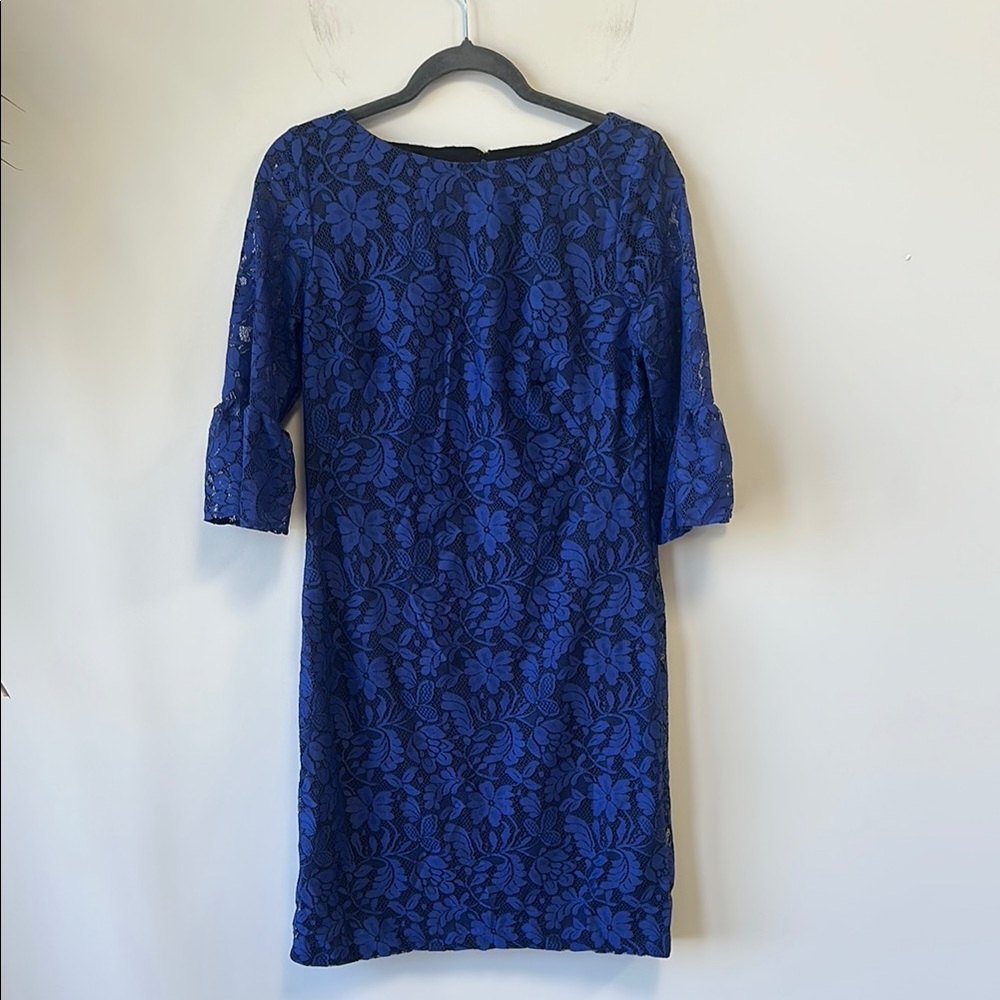 Chaps Sz 8 Blue Lace Sheath Dress with Bateau Neckline